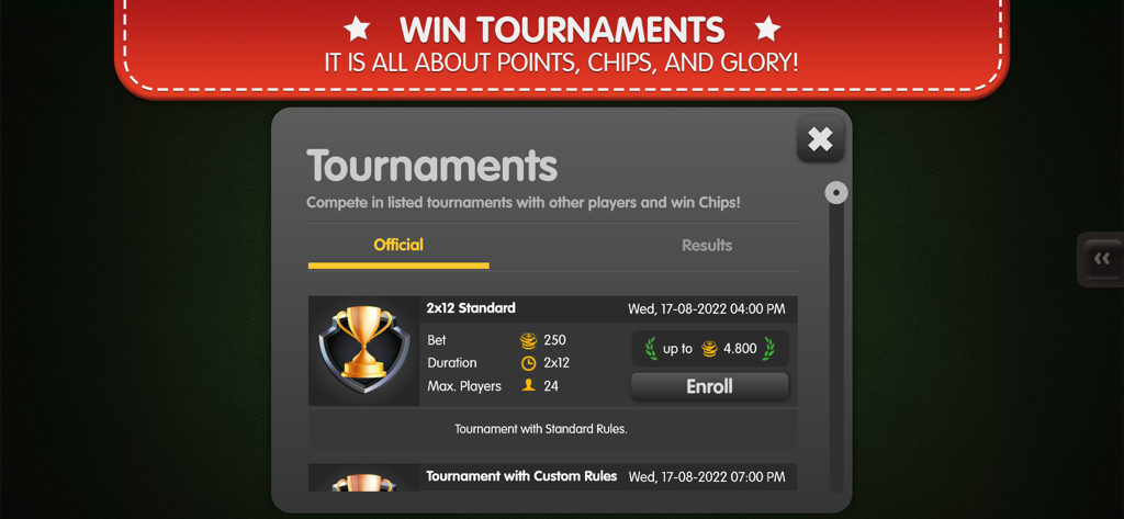 Canasta Palace - Canasta Palace app interface showing a list of available online tournaments to compete for chips and rankings.