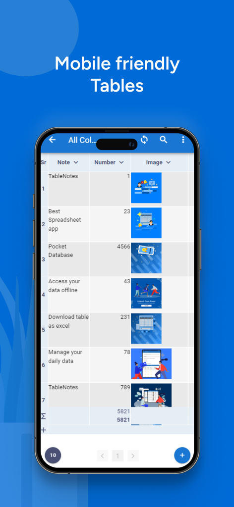 A smartphone screen displaying a mobile friendly table with notes numbers and images in the Table Notes app