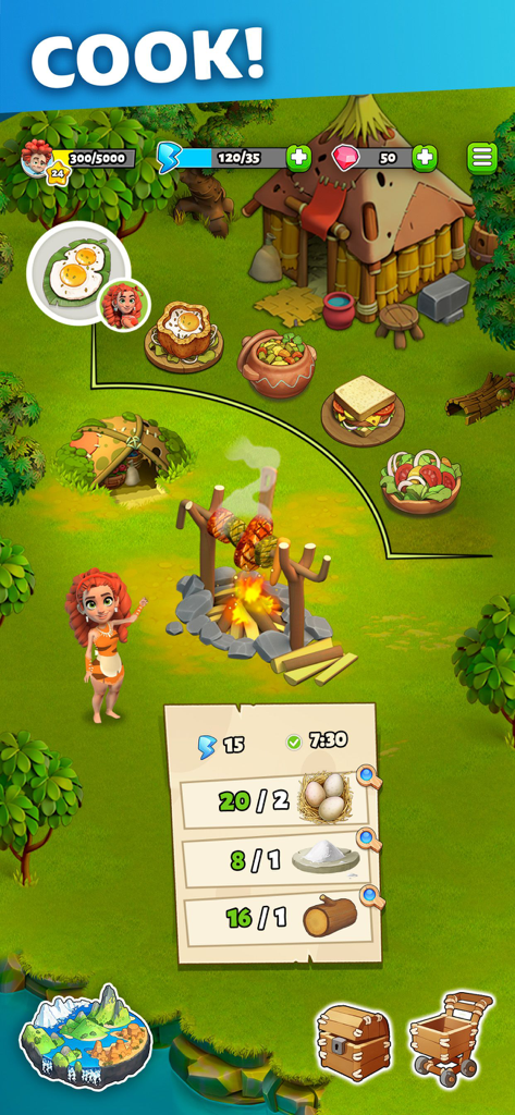 Family Island — Farming game - A character cooking prehistoric recipes over a campfire in Family Island game with a list of required ingredients.