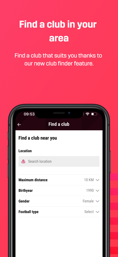 The RBFA app club finder screen where users can search for Belgian football clubs by location and age.