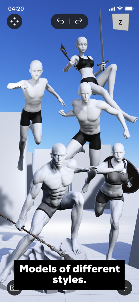 Magic Poser - Art Pose Tool - A group of 3D human models in various dynamic poses and styles within the Magic Poser app
