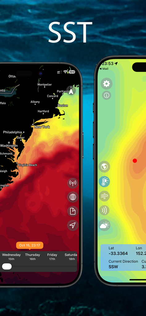 Sea Maps - Écrans d'application mobile de Sea Maps montrant des cartes thermiques de température de surface de la mer (SST) et des données de navigation marine.
