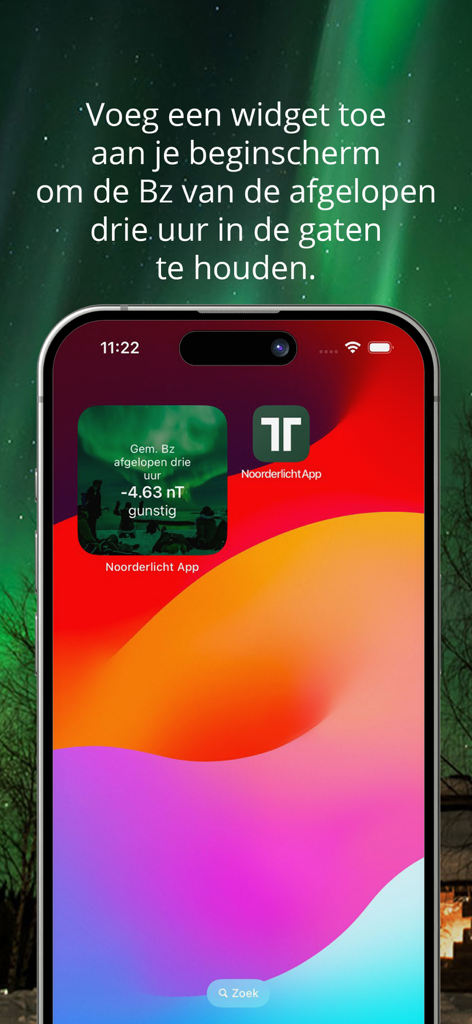Ein mobiler Startbildschirm mit dem Widget der Noorderlicht App, das Echtzeit-Sonnenaktivitätsdaten zur Verfolgung der Nordlichter anzeigt.