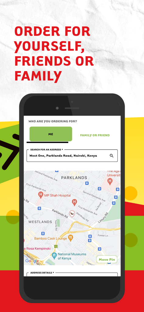 Galitos Zambia - Galitos Zambiaのモバイルアプリ画面。配送先住所と注文受取人を選択します。
