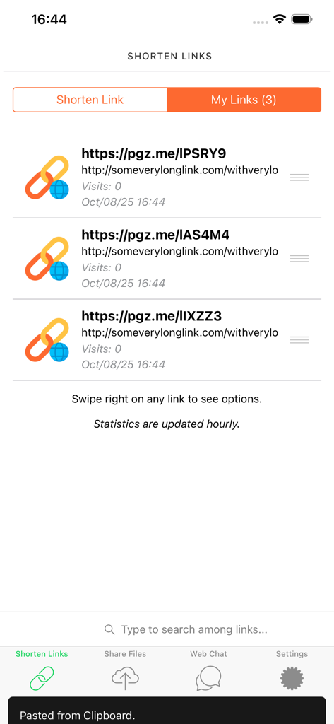 A list of shortened URLs and visit statistics inside the Web Dual app link management interface.