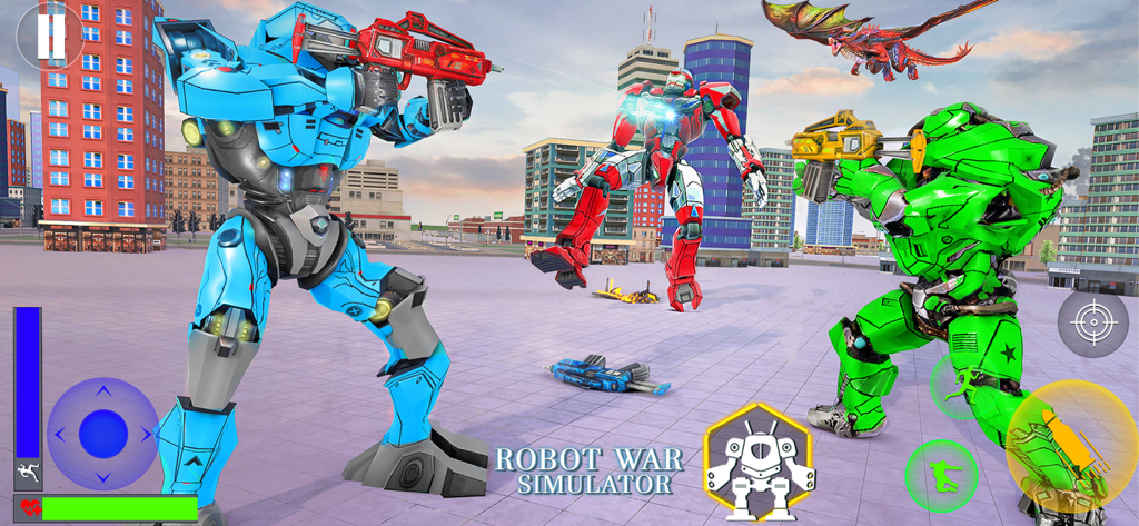 Robot Car Transform Wars Games - Giant colorful robots fighting in a city with a dragon flying above
