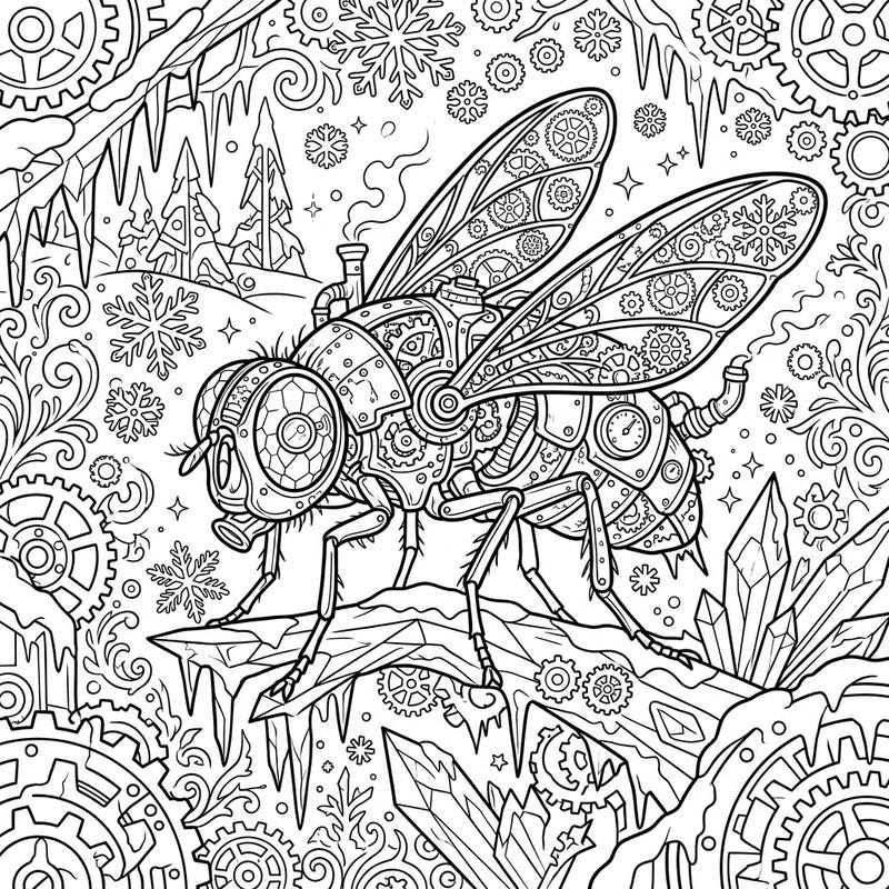 Embark on a fantastical journey with this unique steampunk fly, nestled in a breathtaking winter wonderland. This intricate coloring page combines mechanical marvels with frosty beauty, offering an imaginative escape.