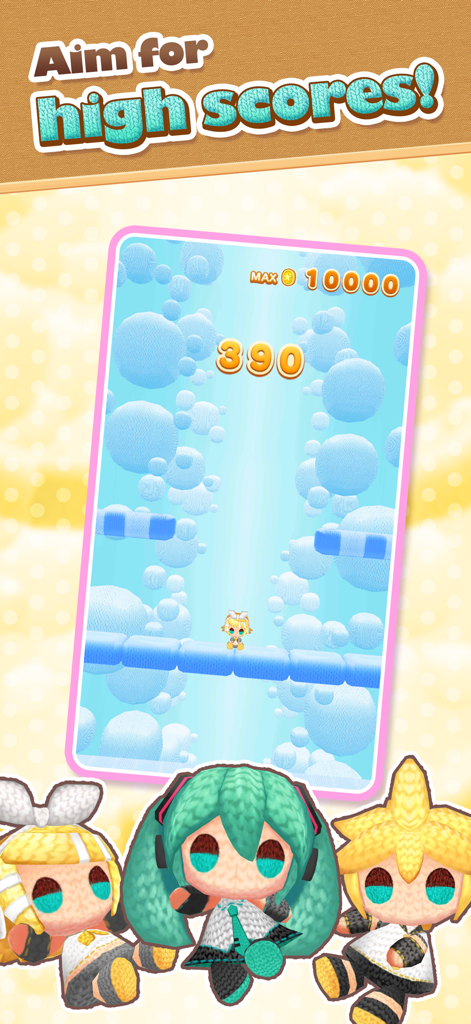 Hatsune Miku Amiguru Jump - Hatsune Miku Amiguru Jump gameplay screen featuring knitted characters and a high score tracker
