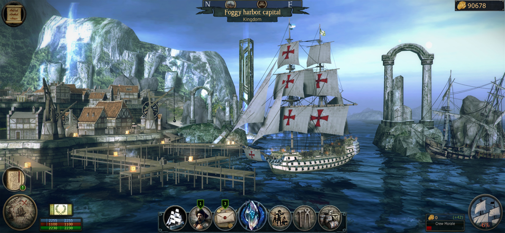Tempest - Pirate Action RPG - Un gran barco pirata con velas blancas y cruces rojas atracado en un puerto junto a un pueblo y ruinas de piedra antiguas