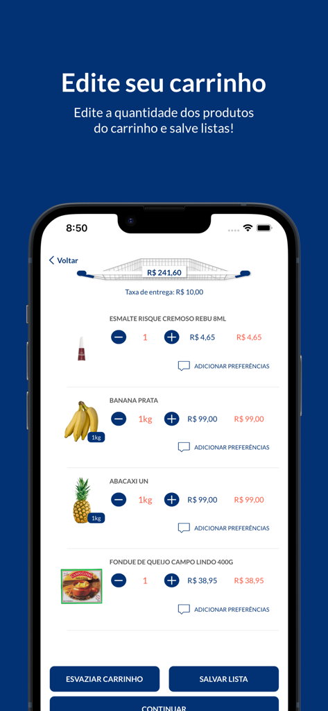 Mercado do Sabor Delivery - Screenshot of the shopping cart screen in the Mercado do Sabor Delivery app showing grocery items and prices in Portuguese