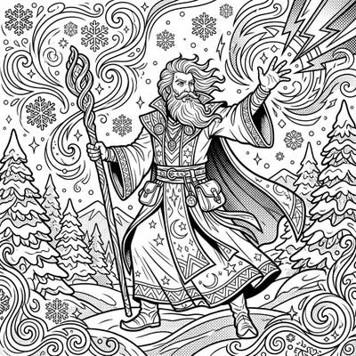 Dive into a world of frosty enchantment with this striking Pop Art warlock coloring page. Featuring bold outlines and dramatic effects, this design brings a powerful magic-user into a dynamic winter wonderland.