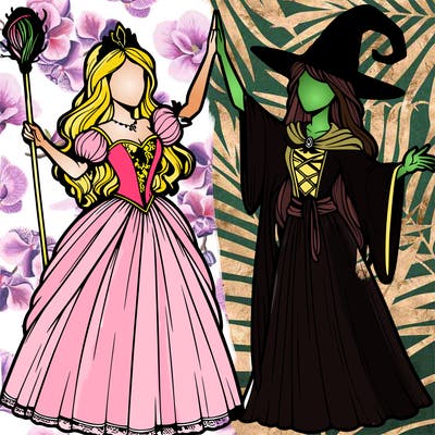 detailed realistic split of a princess and a witch