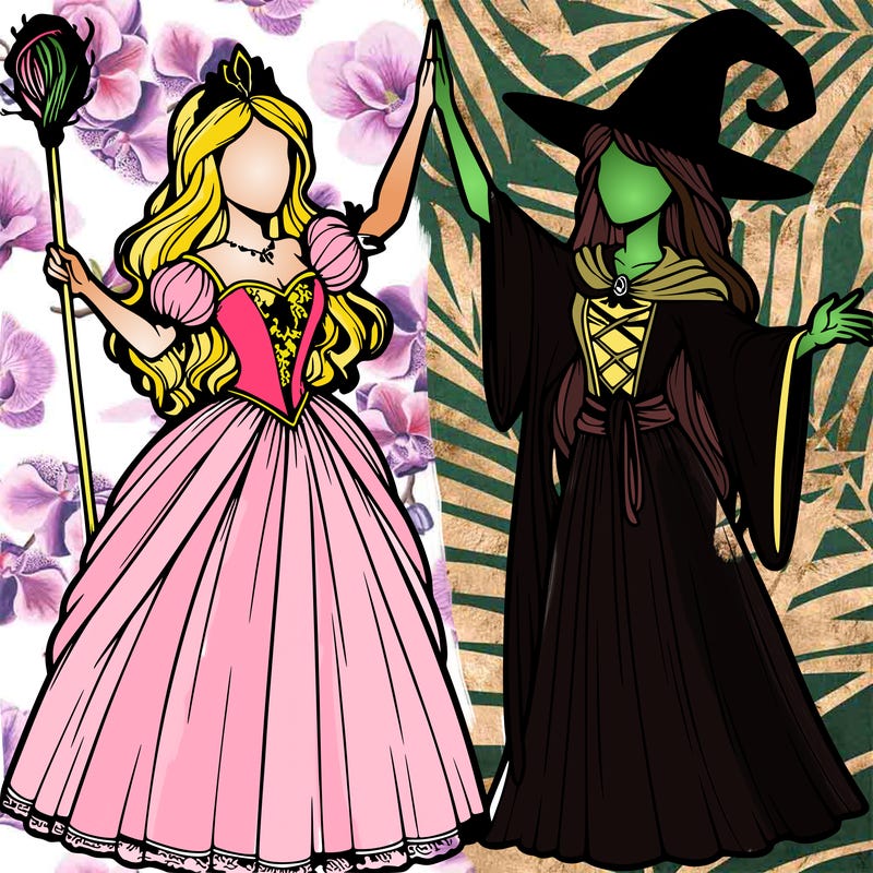 detailed realistic split of a princess and a witch
