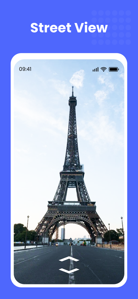 Street View - Live 3D GPS Map - A mobile phone displaying a 360 degree street view of the Eiffel Tower in Paris