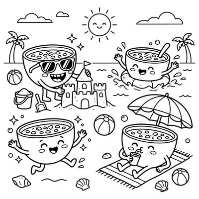 Get ready for a delicious dose of summer fun with this adorable coloring page! Watch as cheerful lentil soups enjoy a perfect beach day, building sandcastles, splashing in the waves, and soaking up the sun.