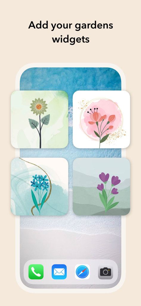 Startbildschirm eines Mobiltelefons, der vier verschiedene Blumen-Widgets aus der Eden-App anzeigt