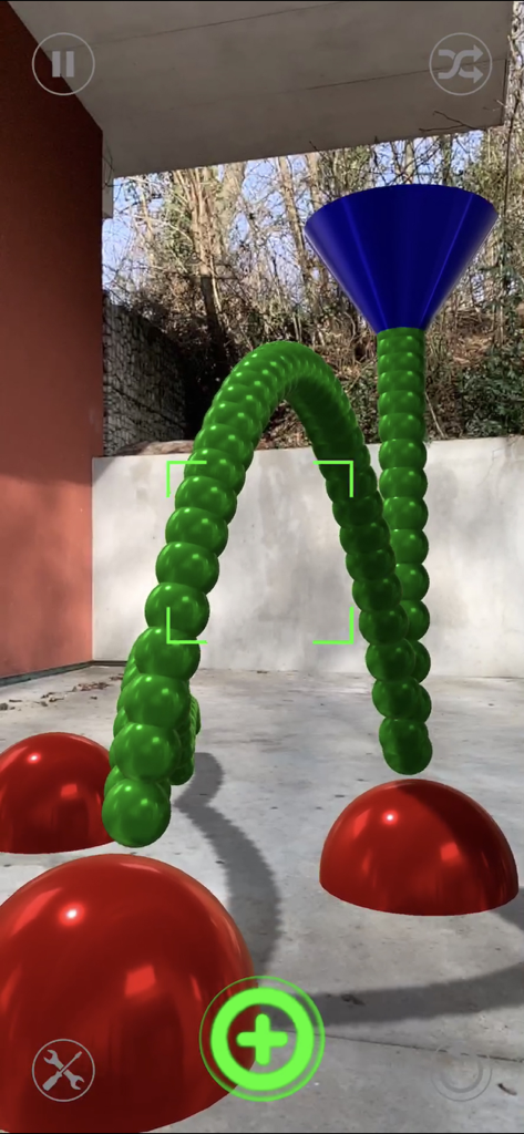 Sound Drop AR - Augmented reality interface of Sound Drop AR with 3D sound reactors and bouncing ball trails in an outdoor setting