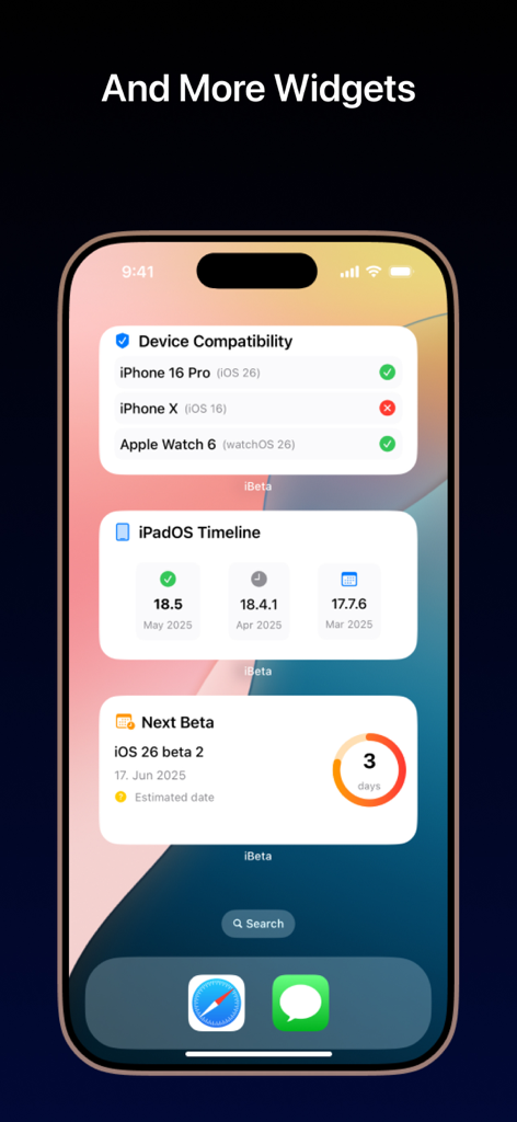 iPhone-Homescreen, der iBeta-Widgets zur Gerätekompatibilität und zur Verfolgung von Software-Updates anzeigt