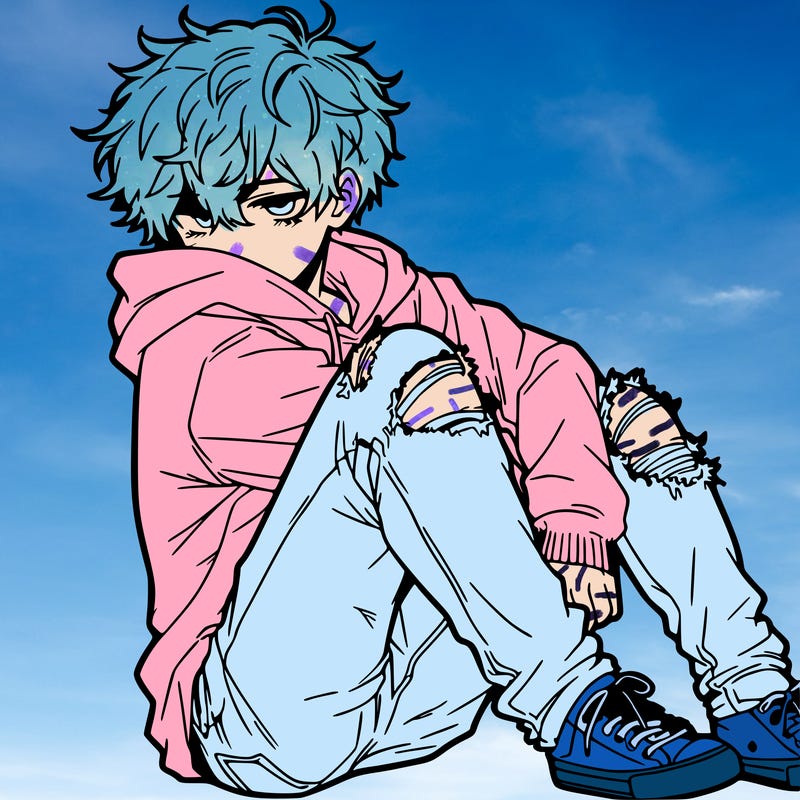 a male hoddie ripped jeans messy hair anime