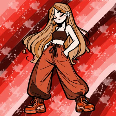 girl in baggy pants crop top and long hair