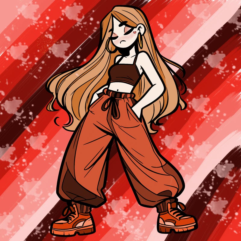 girl in baggy pants crop top and long hair