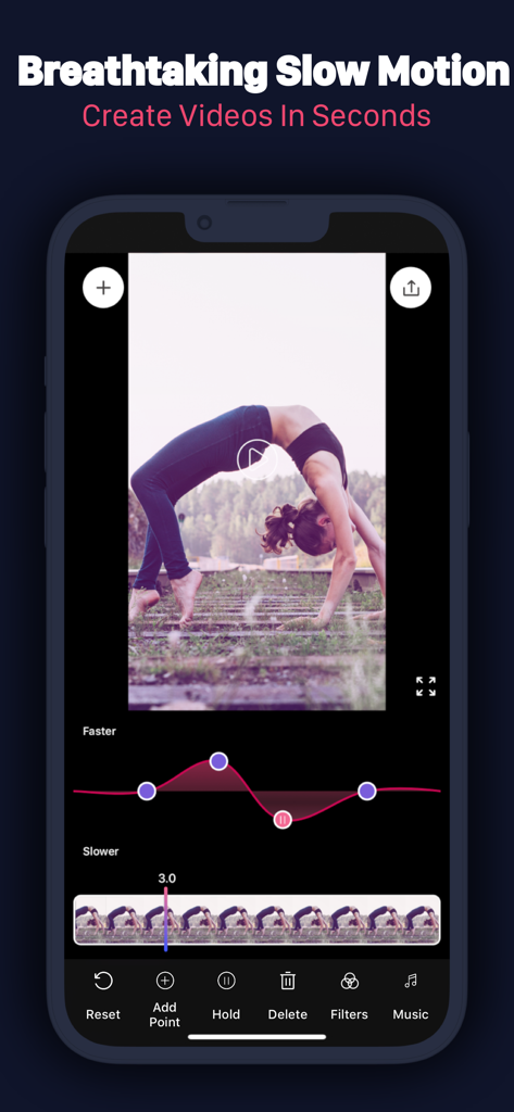 Slow Motion Video Maker Editor - Interface of the Slow Motion Video Maker Editor app showing speed controls on a yoga video