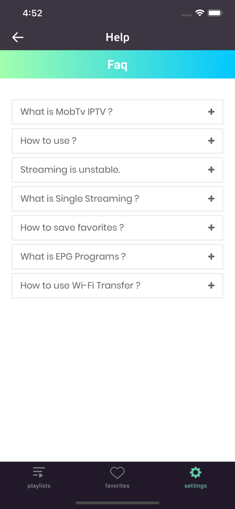 Mobdro Live TV IPTV HD Player - Frequently Asked Questions page in the Mobdro IPTV player app