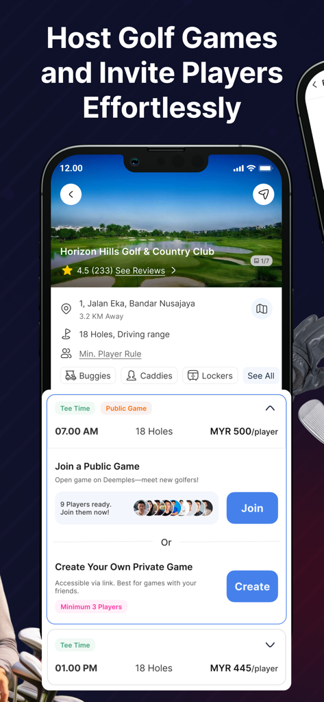 Écran de l'application mobile pour organiser et rejoindre des parties de golf publiques ou privées dans un club