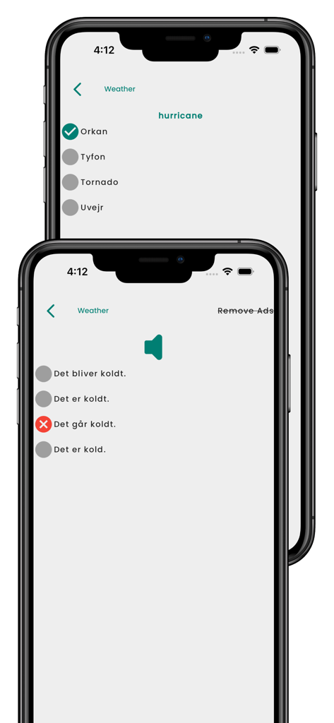 iPhoneで天気関連の語彙クイズと文章練習を特集したデンマーク語学習アプリのスクリーンショット。