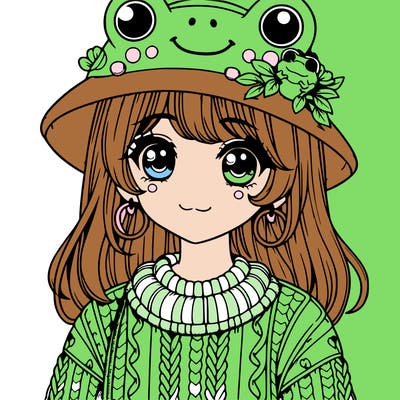 realistic girl wearing frog sweater and a frog hat with frog earrings