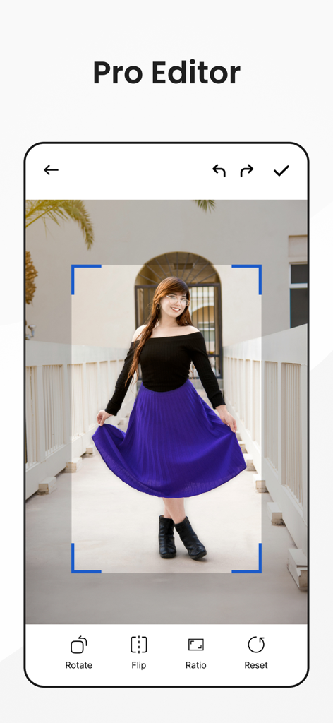 Slazzer- Background Remover - Slazzer mobile app Pro Editor interface showing image cropping and rotation tools for a portrait photo