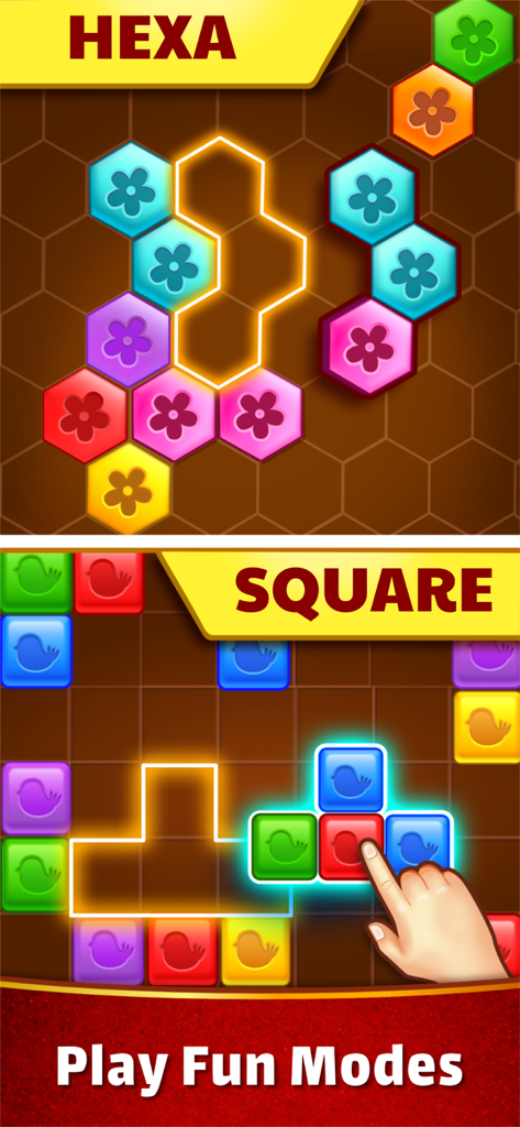 Match Tiles: Block Puzzle Game - Un écran de jeu mobile présentant les modes de puzzle de blocs hexa et carré avec des tuiles lumineuses colorées