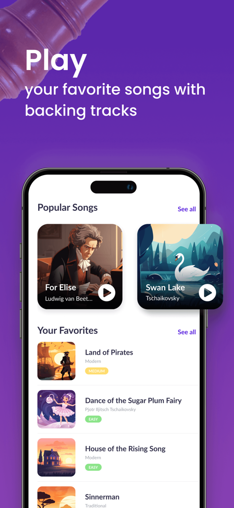 Mobile app screen showing a library of popular recorder songs with backing tracks for practice
