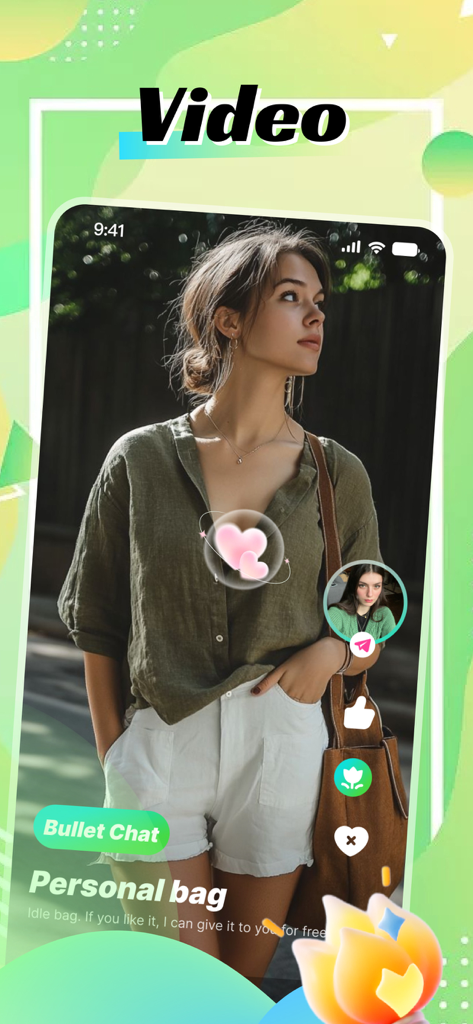 Crewd：Video, Chat, Discover - Mobile screen of the Crewd app showing a video feed of vintage fashion with social interaction icons and bullet chat