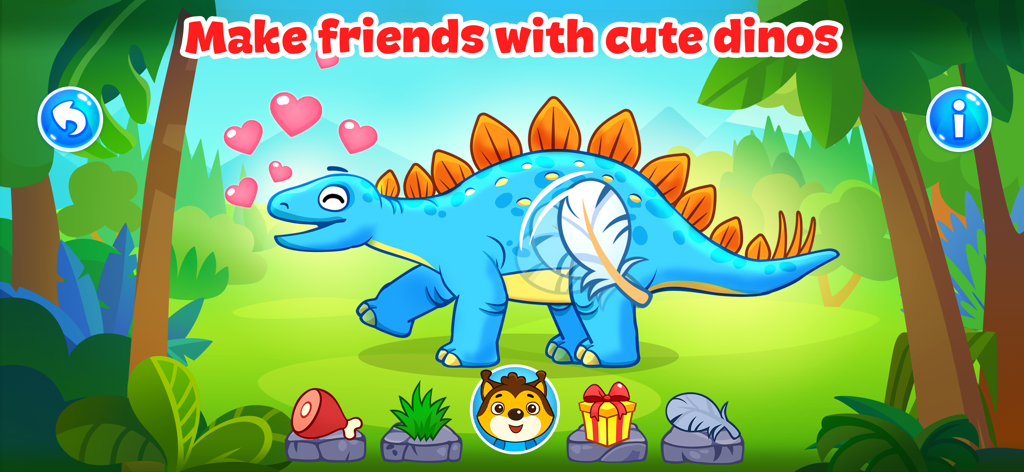 Friendly blue stegosaurus dinosaur with pink hearts in a colorful jungle setting