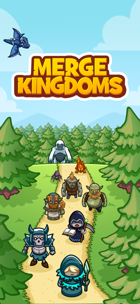 Merge Kingdoms title screen showing fantasy monsters marching on a forest path