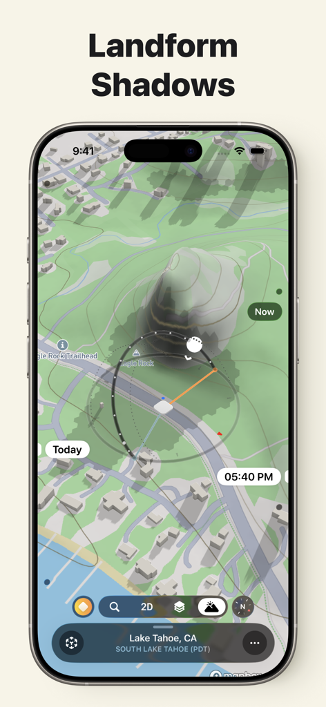 Sunlitt app interface showing landform shadows and sun path on a 3D map
