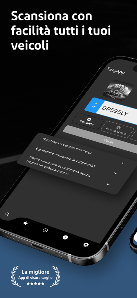 TargApp - Visura targa - TargApp mobile interface showing a license plate search field and vehicle history options