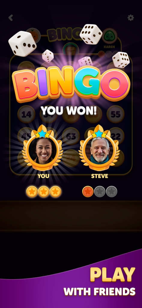 Victory screen in Bingo Dice showing a winning player next to an opponent and the text Play with Friends