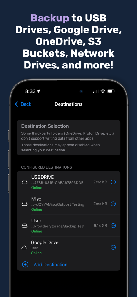Parachute Backup Mobile - Bildschirm der mobilen App mit einer Liste konfigurierter Backup-Ziele, einschließlich USB-Laufwerken und Google Drive.