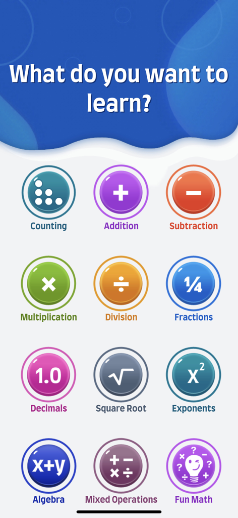 Math Games - Learn + - x ÷ - Écran de sélection des jeux de maths incluant addition, soustraction, multiplication et fractions