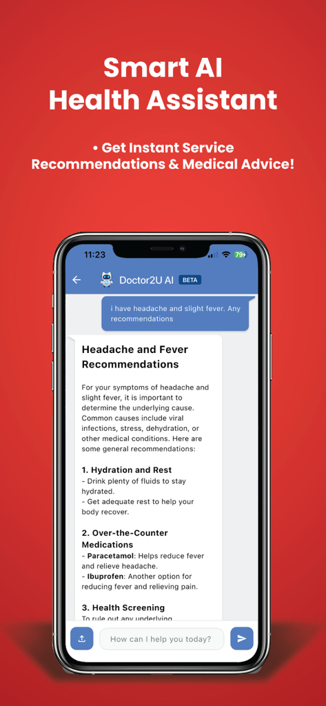 Doctor2U app interface showing the smart AI health assistant chatbot providing medical advice