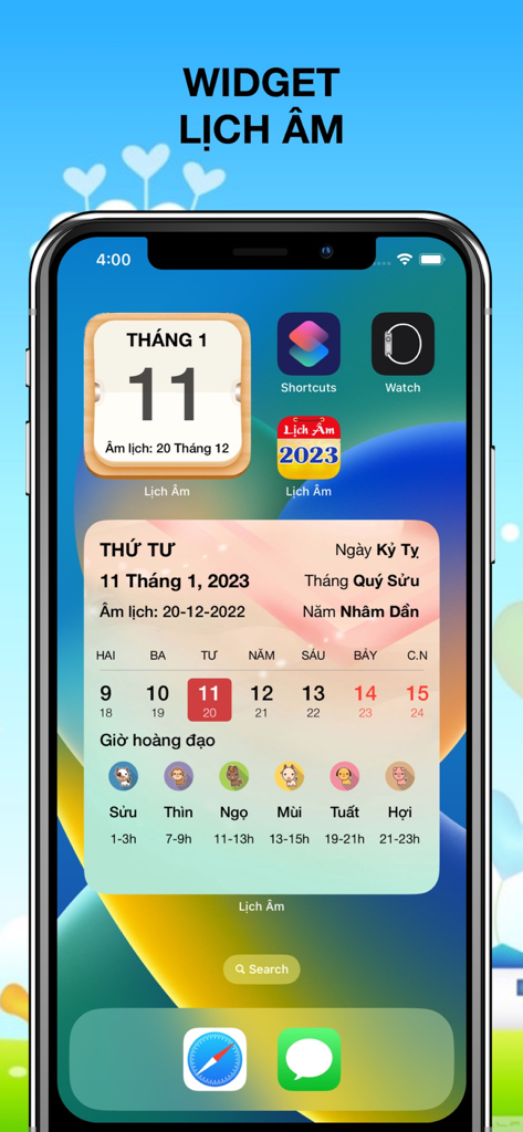 Lịch Vạn Niên 2026 - Lịch Âm - Schermata home di iPhone che visualizza widget del calendario lunare vietnamita con ore e date propizie