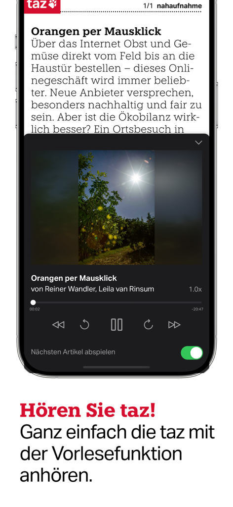 Taz app screenshot showing the audio player interface for listening to news articles.
