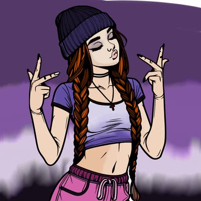 realistic teenage girl with braids and a beanie and crop top doing 🫶🏼