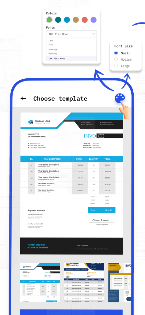 InvoiceBilling | Receipt Maker - A screen from the InvoiceBilling app showing professional invoice template customization with font and color options