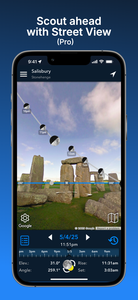 Superposición de la trayectoria lunar en Stonehenge en el modo Vista de Calle de la aplicación Lumos