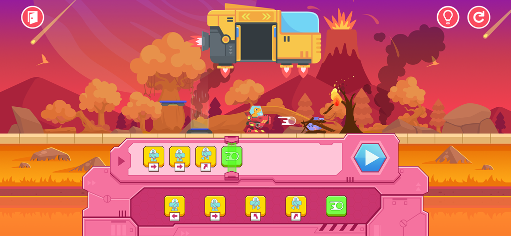 Dinosaur robot on a volcanic planet with easy coding blocks for kids
