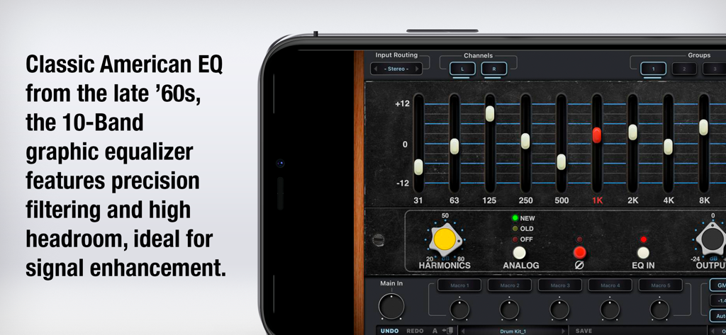 Interfaz de la app EQ560 que muestra un ecualizador gráfico de 10 bandas en la pantalla de un smartphone