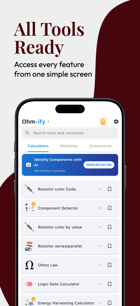 Ohmify - electronics tools - Ohmify app dashboard featuring electronics calculators and component identification tools